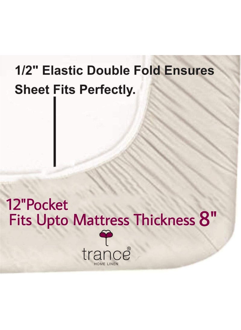 Trance Home Linen 100% Cotton 400 Thread Count Satin Striped Elasticated Fitted Bedsheet with 2 Pillow Covers - (Queen 78x60 inch, White Striped)