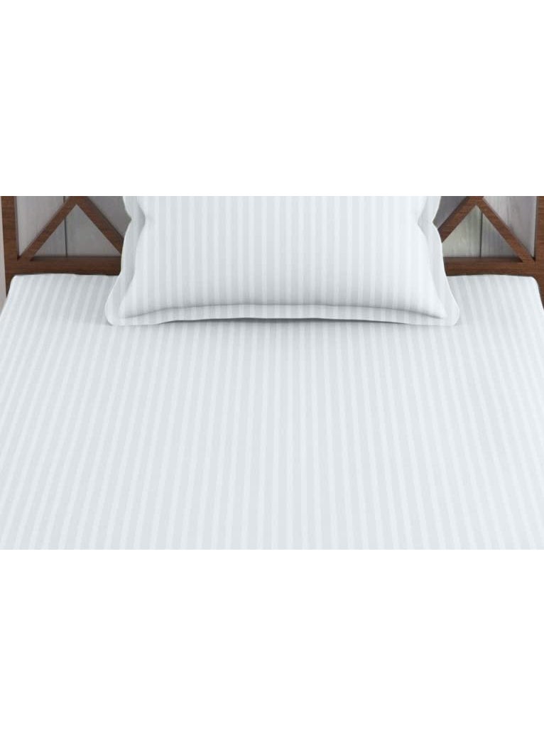 Trance Home Linen 100% Cotton 400 Thread Count Satin Striped Elasticated Fitted Bedsheet with 2 Pillow Covers - (Queen 78x60 inch, White Striped)