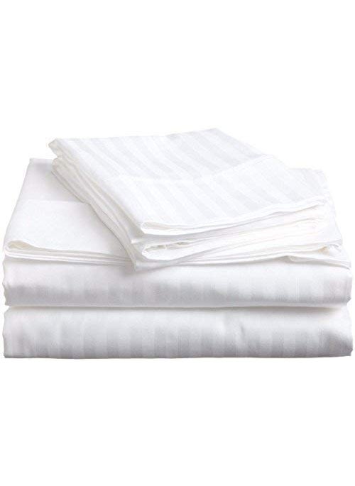 Trance Home Linen 100% Cotton 400 Thread Count Satin Striped Elasticated Fitted Bedsheet with 2 Pillow Covers - (Queen 78x60 inch, White Striped)