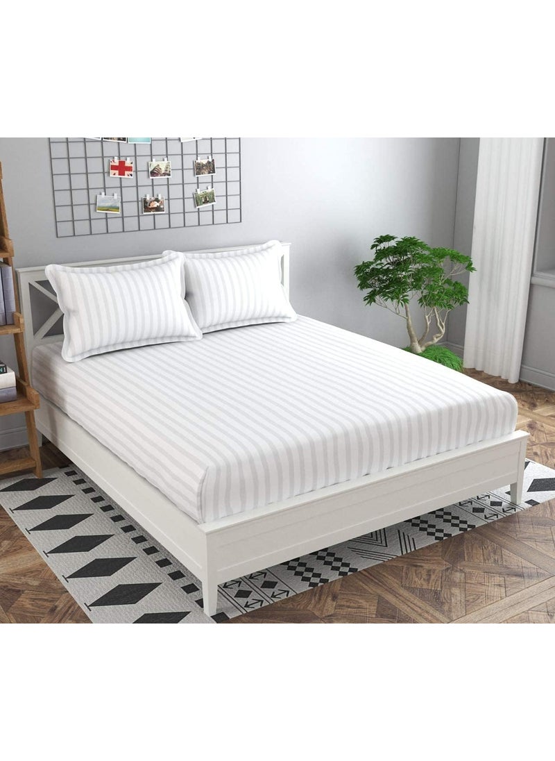 Neekshaa 310 TC Combo Pack of 2 Glace Cotton Satin Stripes Elastic Fitted Plain Double Bedsheets with 4 Pillow Covers for Home/Hotels/Guest House (White & Grey)