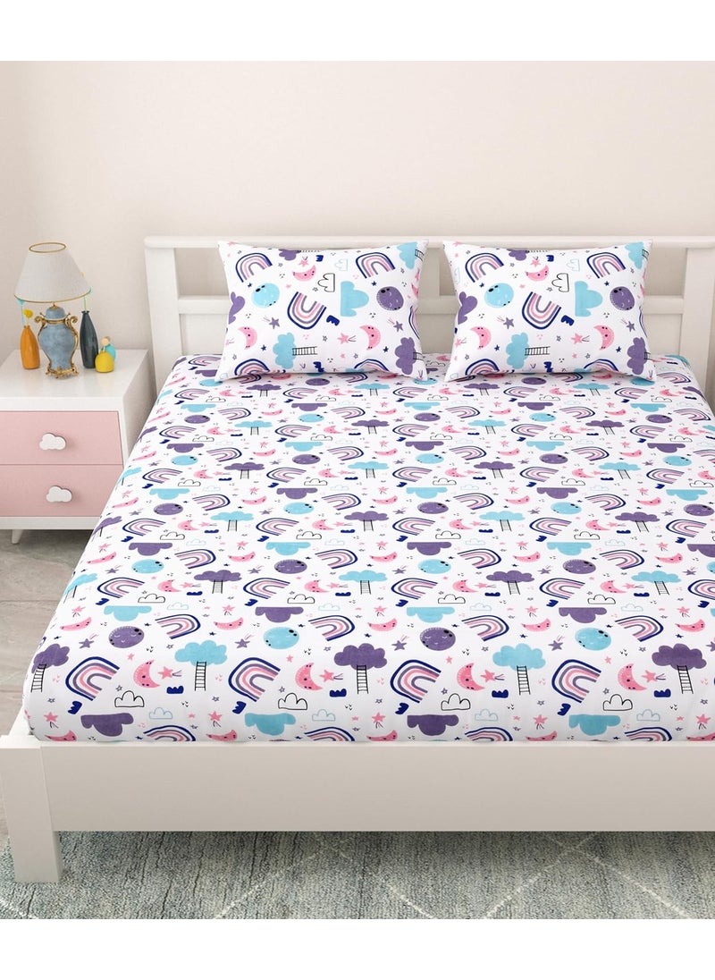 MAFATLAL Coo Coo Pure Cotton Double Bedsheet for Kids with 2 Pillow Covers,144 TC (90x100 inches) (Purple)