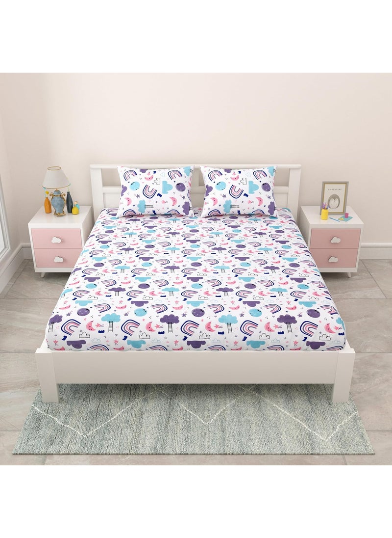 MAFATLAL Coo Coo Pure Cotton Double Bedsheet for Kids with 2 Pillow Covers,144 TC (90x100 inches) (Purple)
