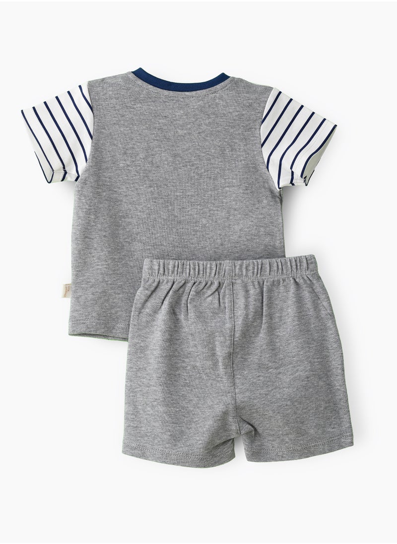 Boys' Striped Bear Face T-Shirt & Grey Knit Shorts Set