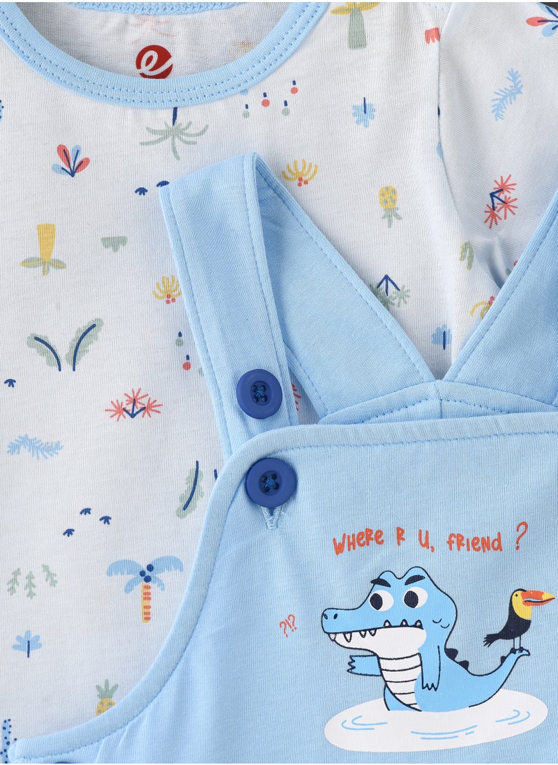 Boys' Light Blue Cotton Romper & Printed T-Shirt Set