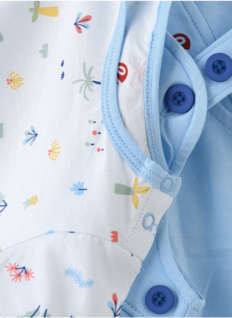 Boys' Light Blue Cotton Romper & Printed T-Shirt Set