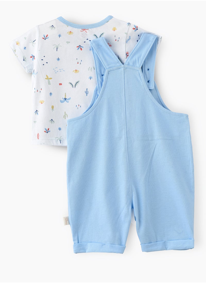 Boys' Light Blue Cotton Romper & Printed T-Shirt Set