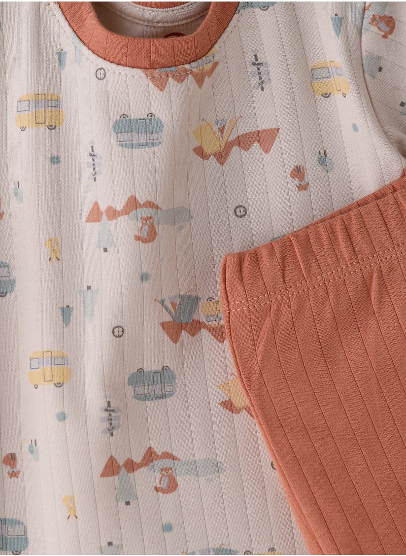 Boys' Camping Print T-Shirt & Rust Orange Ribbed Shorts Set