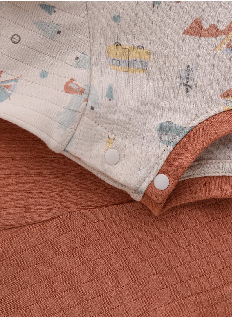 Boys' Camping Print T-Shirt & Rust Orange Ribbed Shorts Set