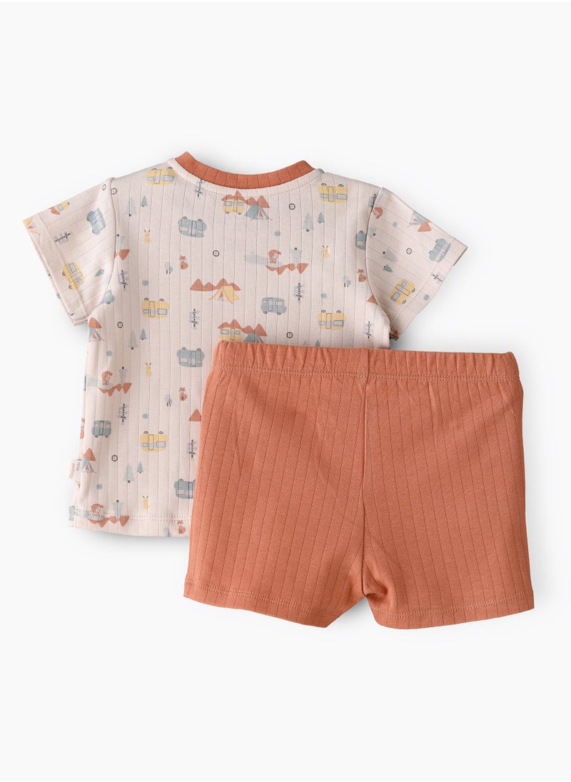 Boys' Camping Print T-Shirt & Rust Orange Ribbed Shorts Set