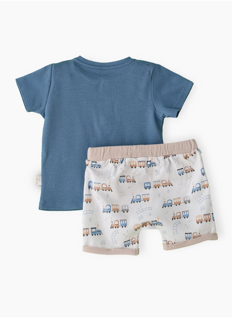 Boys' Blue Choo Choo Train Embroidered Cotton T-Shirt & Shorts Set