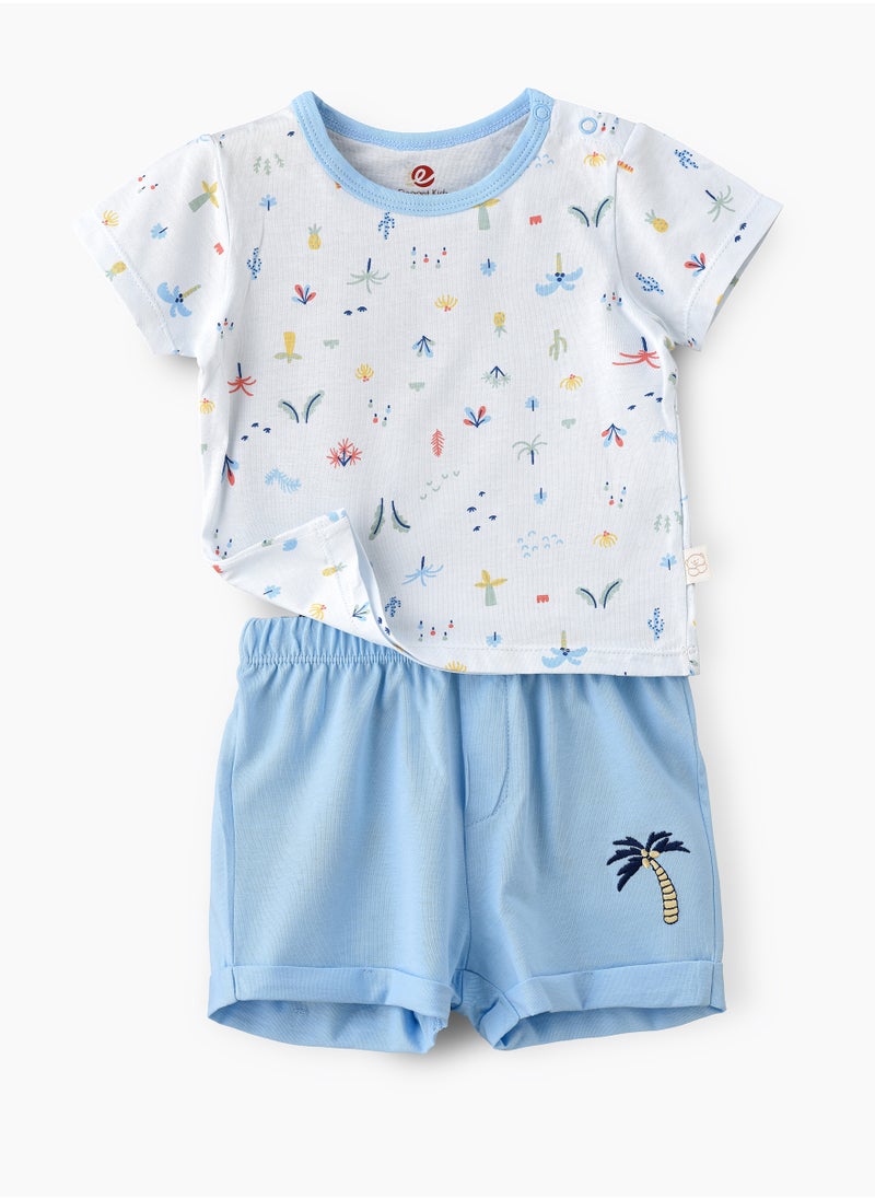Boys' Light Blue Printed Cotton T-Shirt and Shorts Set