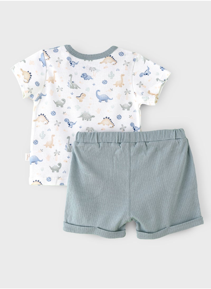 Boys' Dinosaur Print Cotton T-Shirt & Textured Green Shorts Set