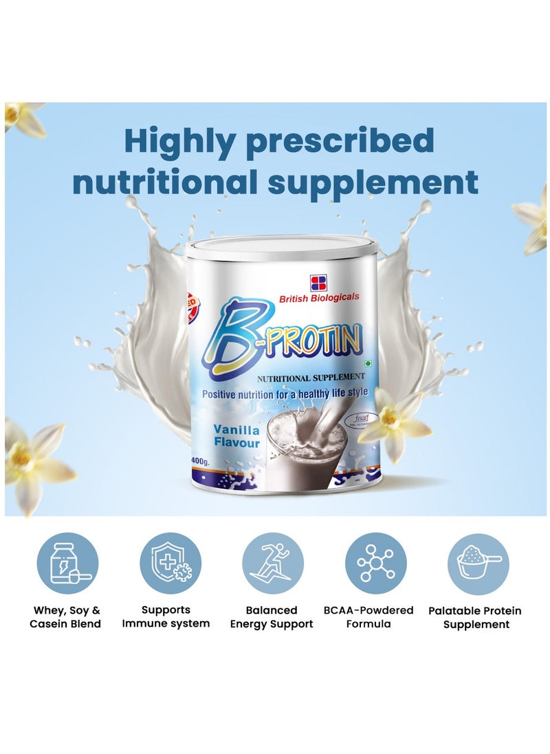 British Biologicals B-Protin Nutritional Supplement | Whey, Soy & Casein Blend | Immunity & Energy Support | Vitamin A, Folic Acid & Zinc | Supports Digestion | Gluten-Free | Vanilla Flavour | 400g