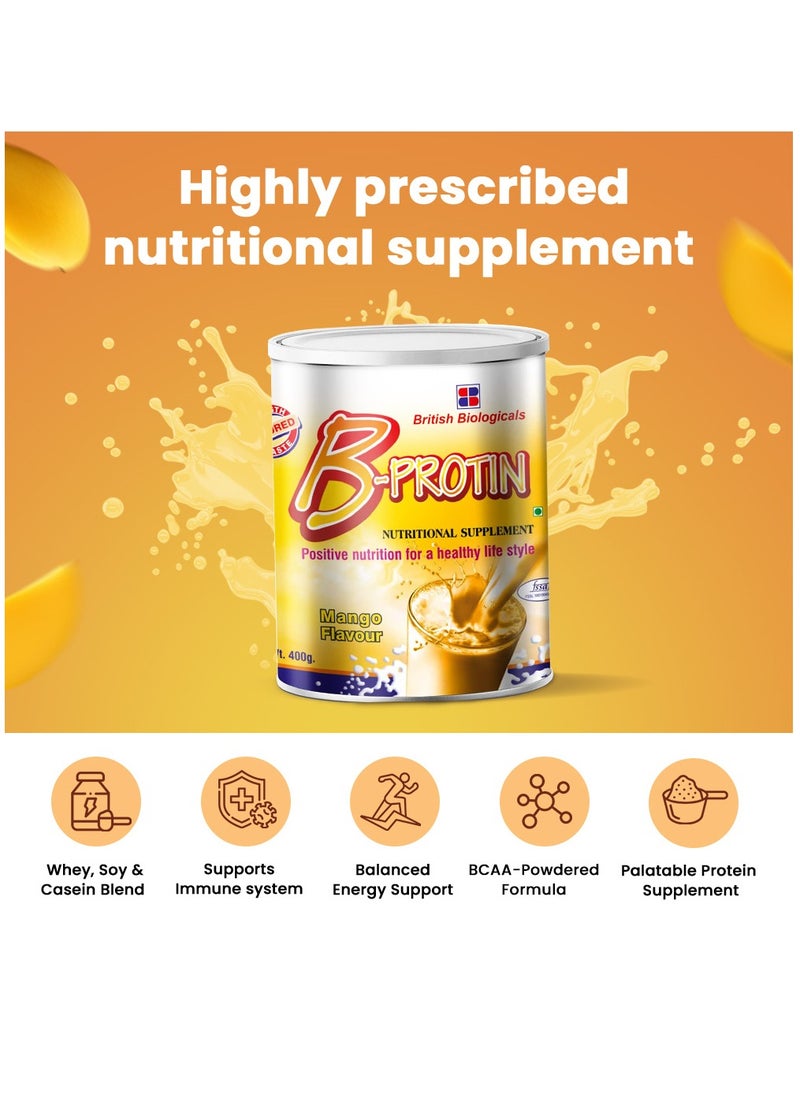 British Biologicals B-Protin Nutritional Supplement | Whey, Soy & Casein Blend | Immunity & Energy Support | Vitamin A, Folic Acid & Zinc | Supports Digestion | Gluten-Free | Mango Flavour | 400g