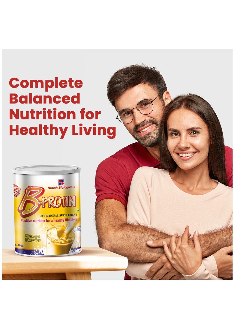 British Biologicals B-Protin Nutritional Supplement | Whey, Soy & Casein Blend | Immunity & Energy Support | Vitamin A, Folic Acid & Zinc | Supports Digestion | Gluten-Free | Mango Flavour | 400g