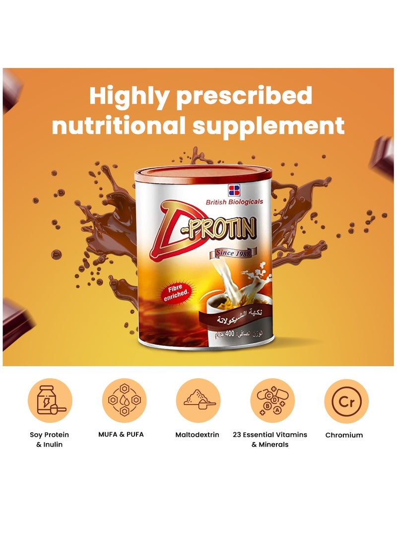 British Biologicals D-PROTIN Nutritional Supplement for Diabetes & Pre-Diabetes | High Protein & Fiber | 30 Essential Nutrients | Immuno-Nutrients for Strength & Vitality | Chocolate Flavour | 400g