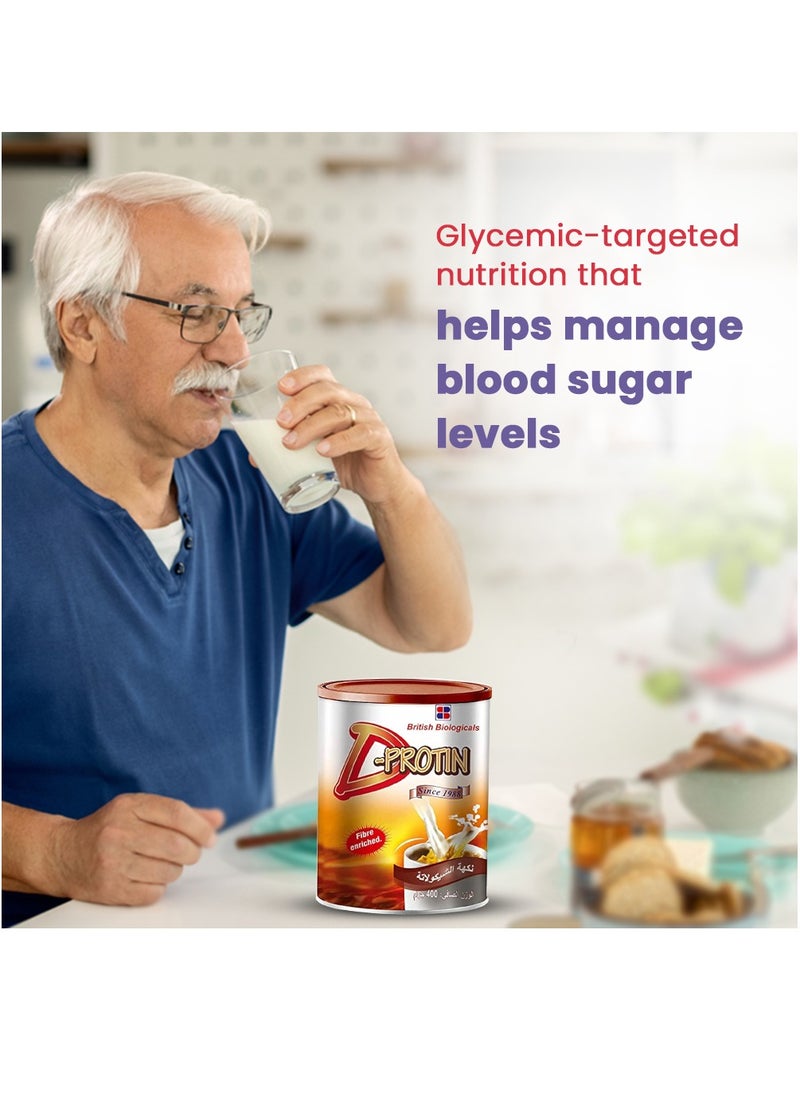 British Biologicals D-PROTIN Nutritional Supplement for Diabetes & Pre-Diabetes | High Protein & Fiber | 30 Essential Nutrients | Immuno-Nutrients for Strength & Vitality | Chocolate Flavour | 400g