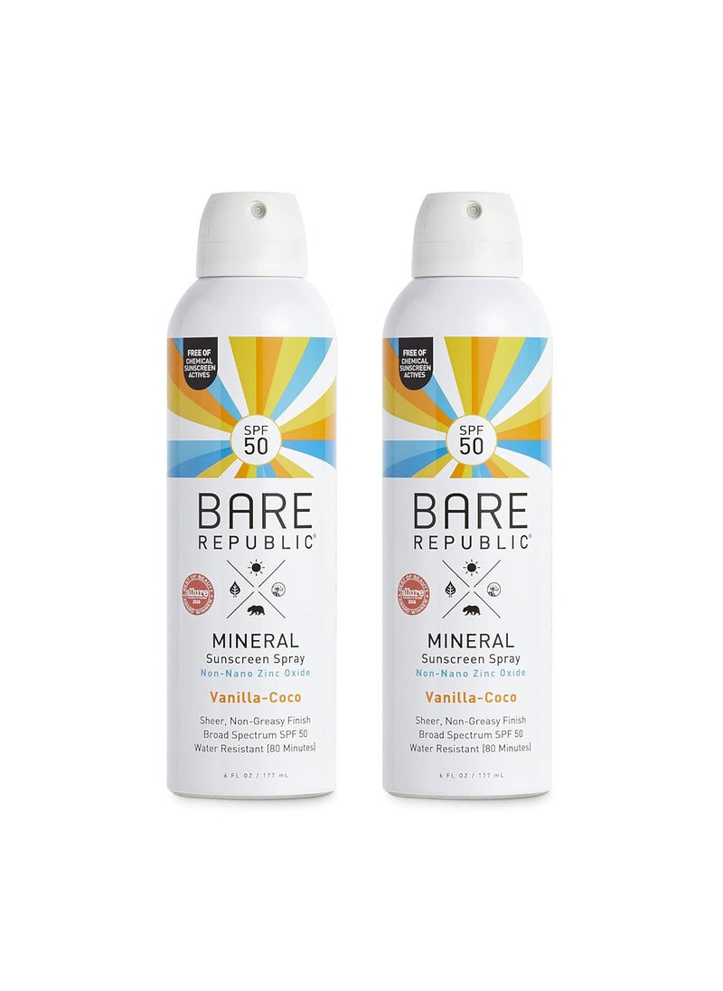 Bare Republic Mineral SPF 50 Sport Sunscreen Spray VanillaCoco Sheer and Strong WaterResistant Sunscreen Spray with SPF 50 12 Ounces 2 Pack
