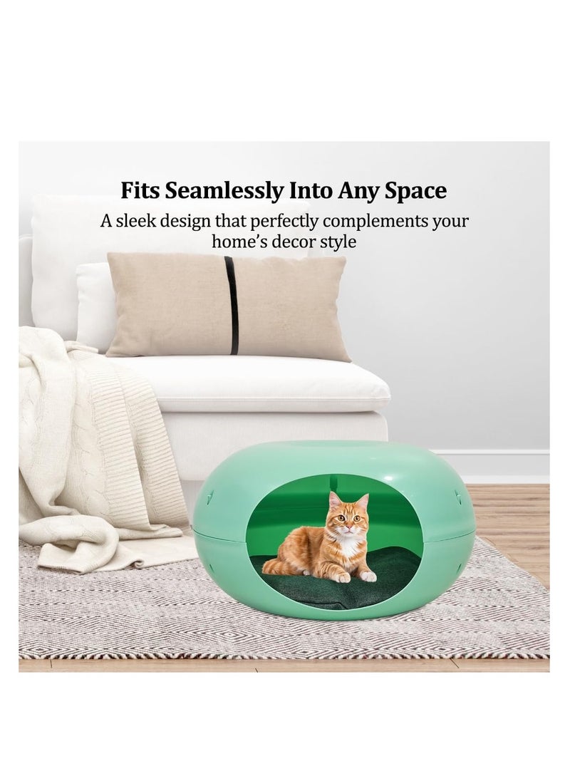Plastic cat bed with Soft cushion and Non-slip bottom, Comfortable and durable donut cat bed for small pets and kittens, Semi-closed waterproof pet bed 50 cm (Green)