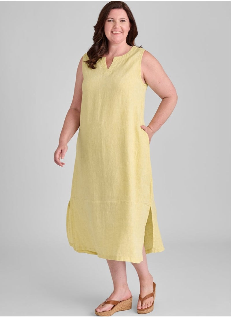Luxury Linen Notch-Neck Maxi Dress for Plus Size | Effortless Elegance with Pure Irish Linen | Sleeveless, Flowy Long Fit, Side Pockets |Yellow
