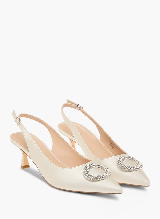 Women Embellished Slingback Shoes with Kitten Heels and Buckle Closure