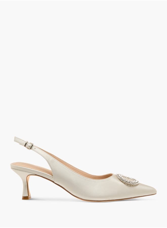Women Embellished Slingback Shoes with Kitten Heels and Buckle Closure