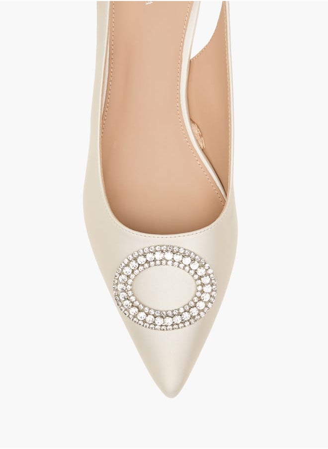 Women Embellished Slingback Shoes with Kitten Heels and Buckle Closure