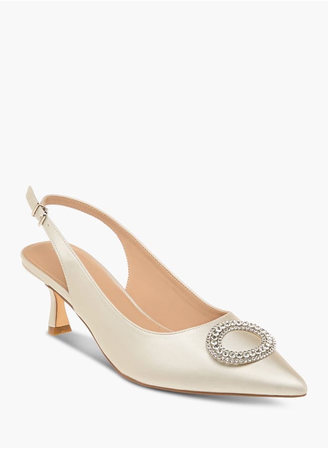 Women Embellished Slingback Shoes with Kitten Heels and Buckle Closure