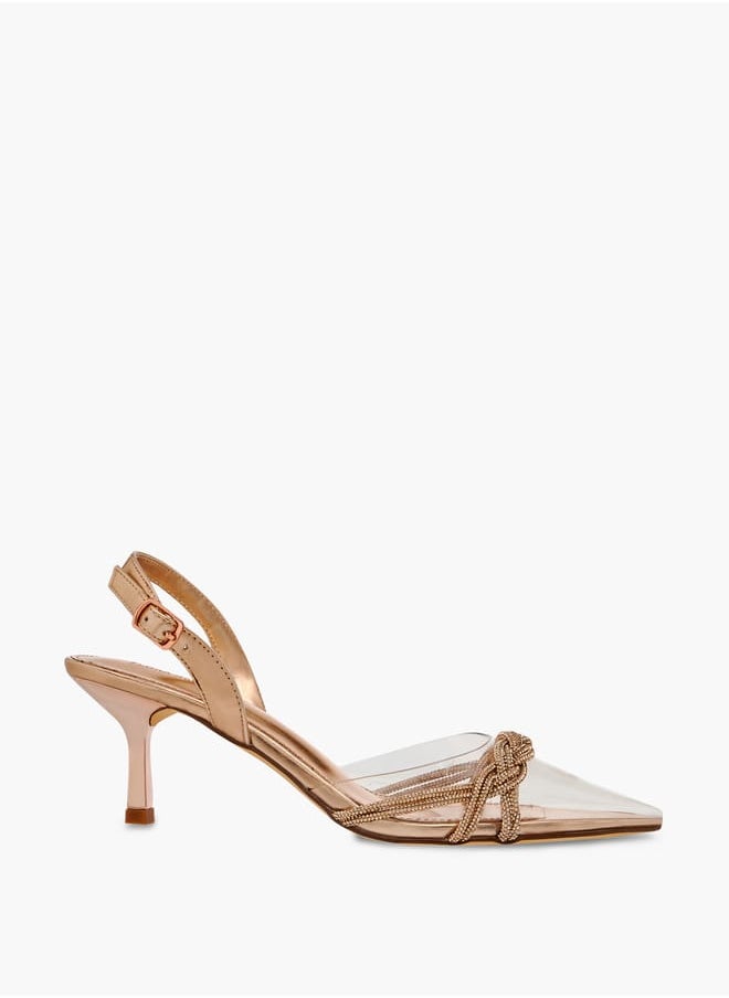 Women Studded Pointed Toe Shoes with Buckle Closure and Kitten Heels