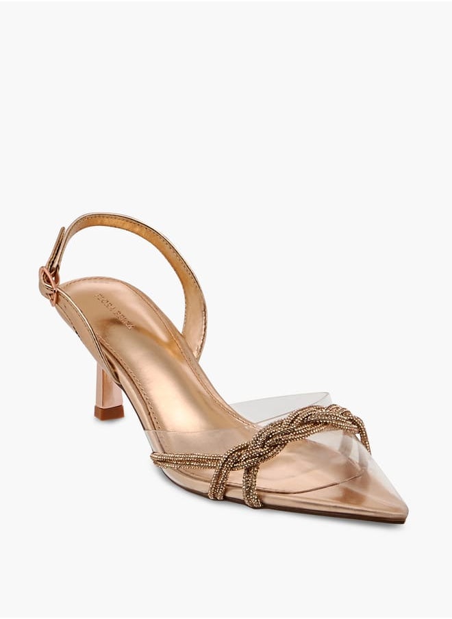 Women Studded Pointed Toe Shoes with Buckle Closure and Kitten Heels