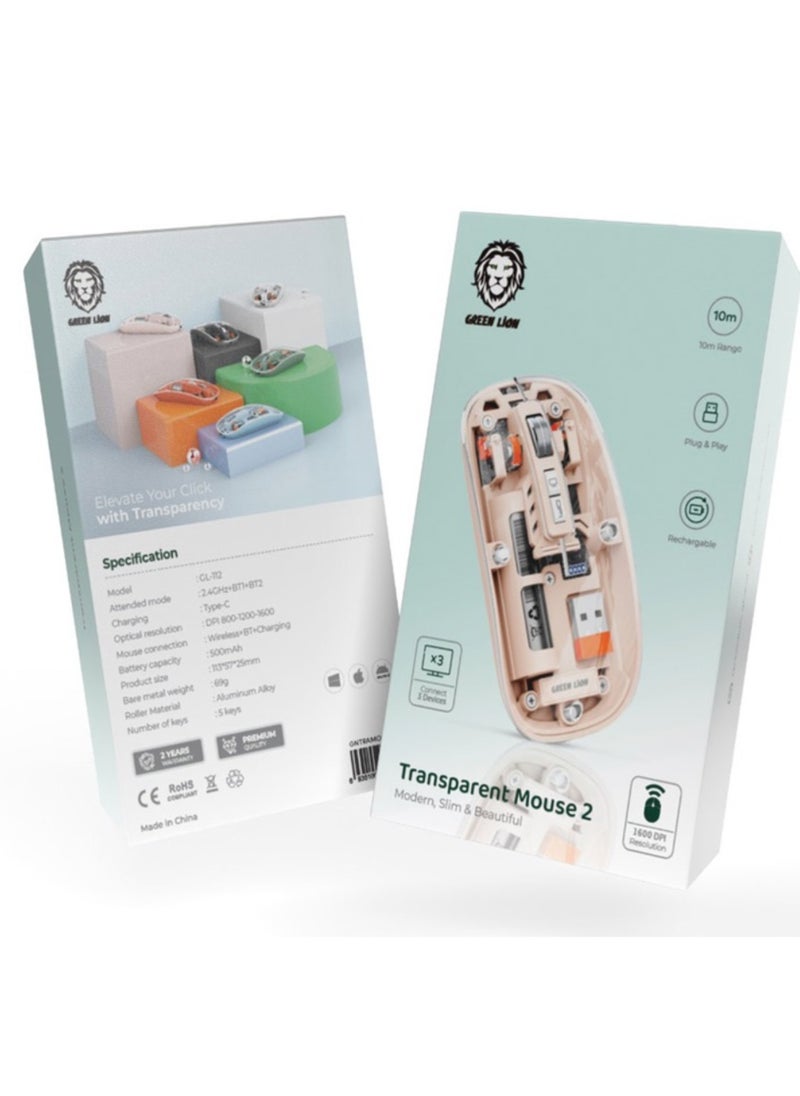 Transparent Wireless Mouse 2 with 5 Keys, Connects to Up to 3 Devices Simultaneously, 500mAh Rechargeable Battery, 10m Distance Range, Plug & Play - Pink