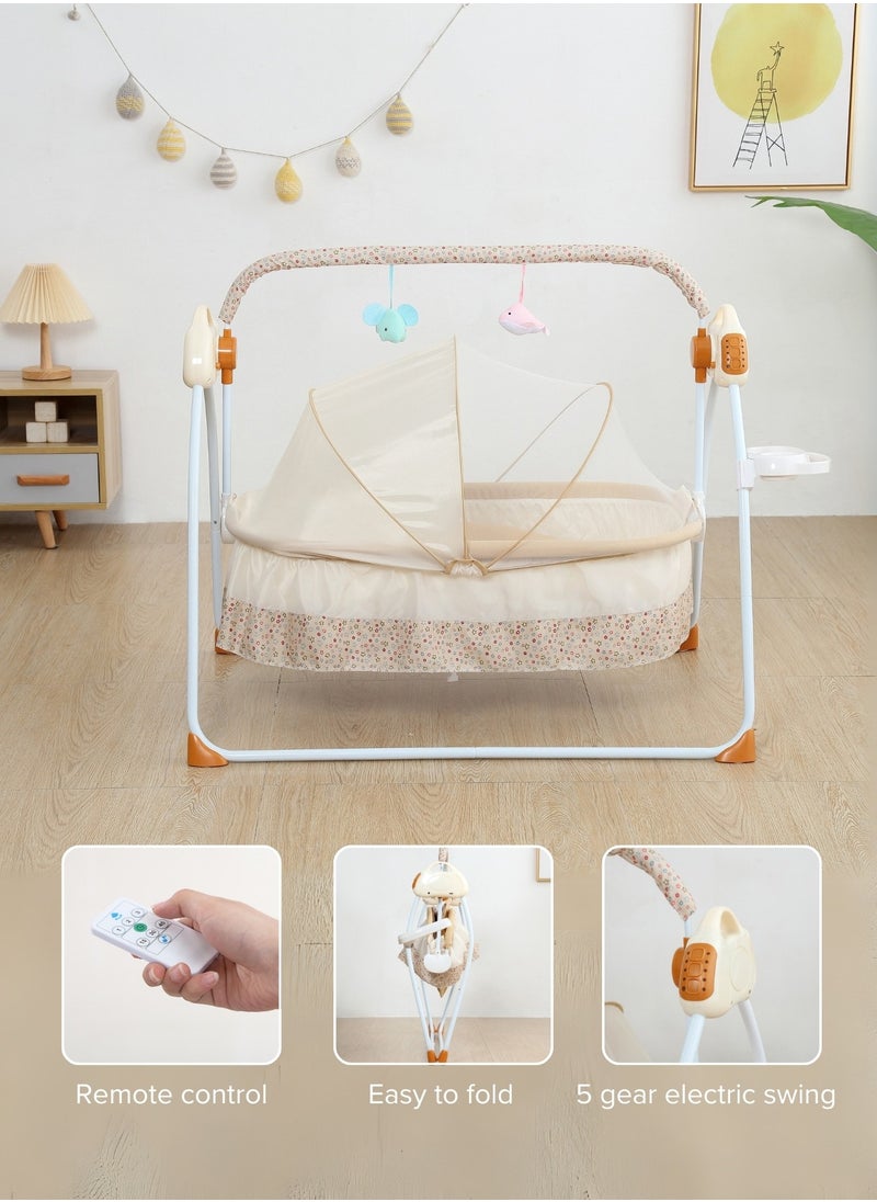 Baby Cradle Luxury Khaki– Foldable Design with Adjustable Electric Swing, Bluetooth Music, & Remote Control – Ideal for Newborn Comfort and Convenience – Stylish & Compact