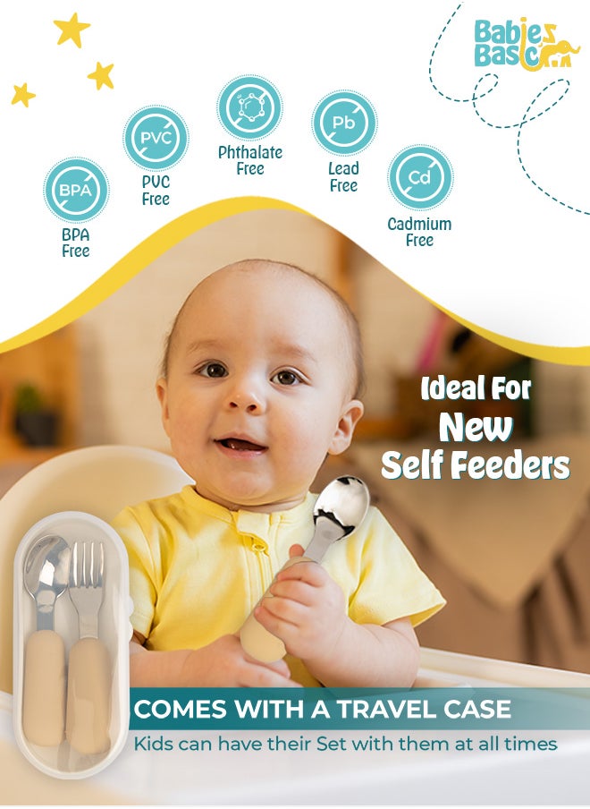 Babies Basic Silicone Feeding Set with Silicone Suction Plate, Spoon and Fork  - Beige