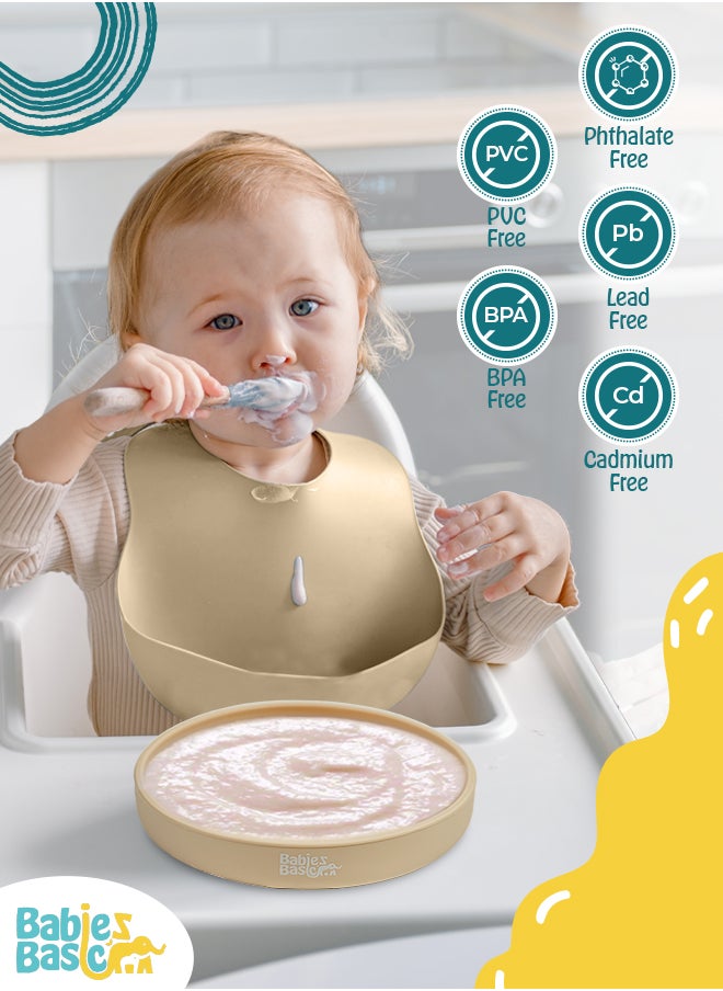 Babies Basic Silicone Feeding Set with Silicone Suction Plate, Spoon and Fork  - Beige