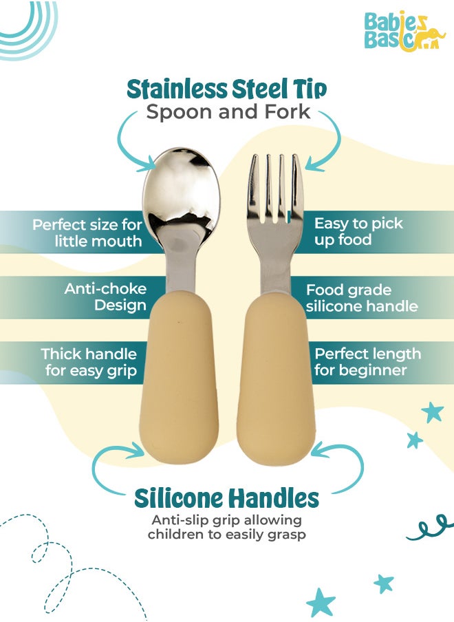Babies Basic Silicone Feeding Set with Silicone Suction Plate, Spoon and Fork  - Beige