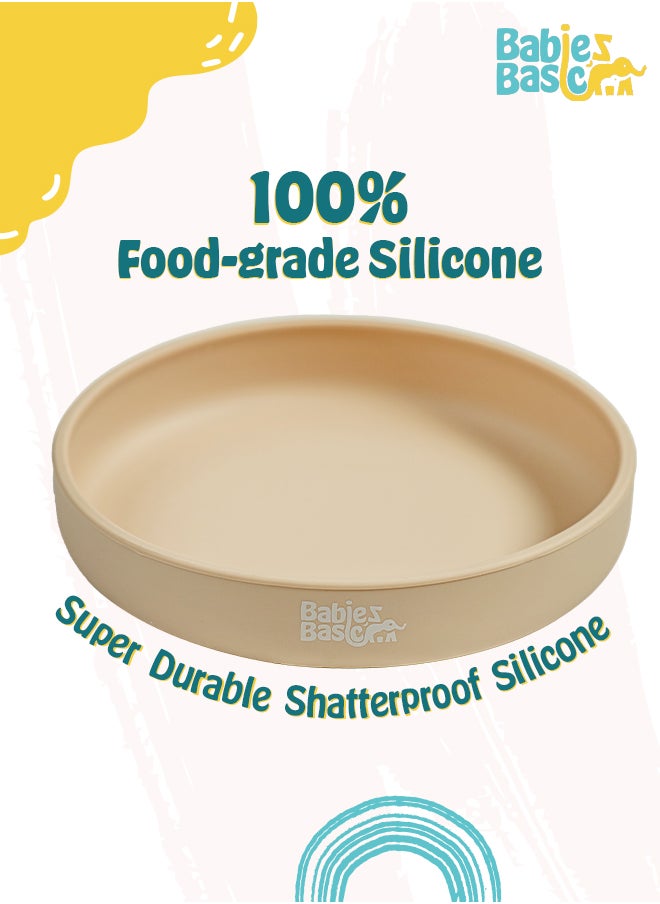 Babies Basic Silicone Feeding Set with Silicone Suction Plate, Spoon and Fork  - Beige