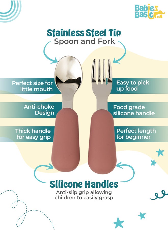 Babies Basic Silicone Feeding Set with Silicone Suction Plate, Spoon and Fork  - Pink
