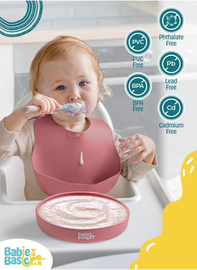 Babies Basic Silicone Feeding Set with Silicone Suction Plate, Spoon and Fork  - Pink