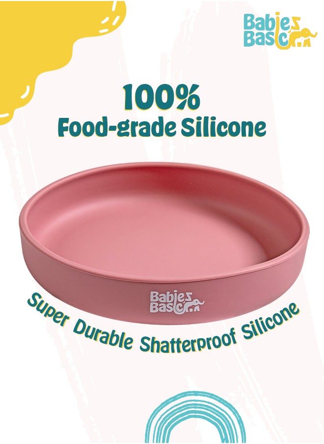 Babies Basic Silicone Feeding Set with Silicone Suction Plate, Spoon and Fork  - Pink