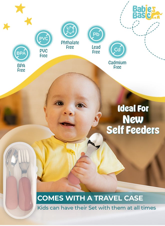 Babies Basic Silicone Feeding Set with Silicone Suction Plate, Spoon and Fork  - Pink
