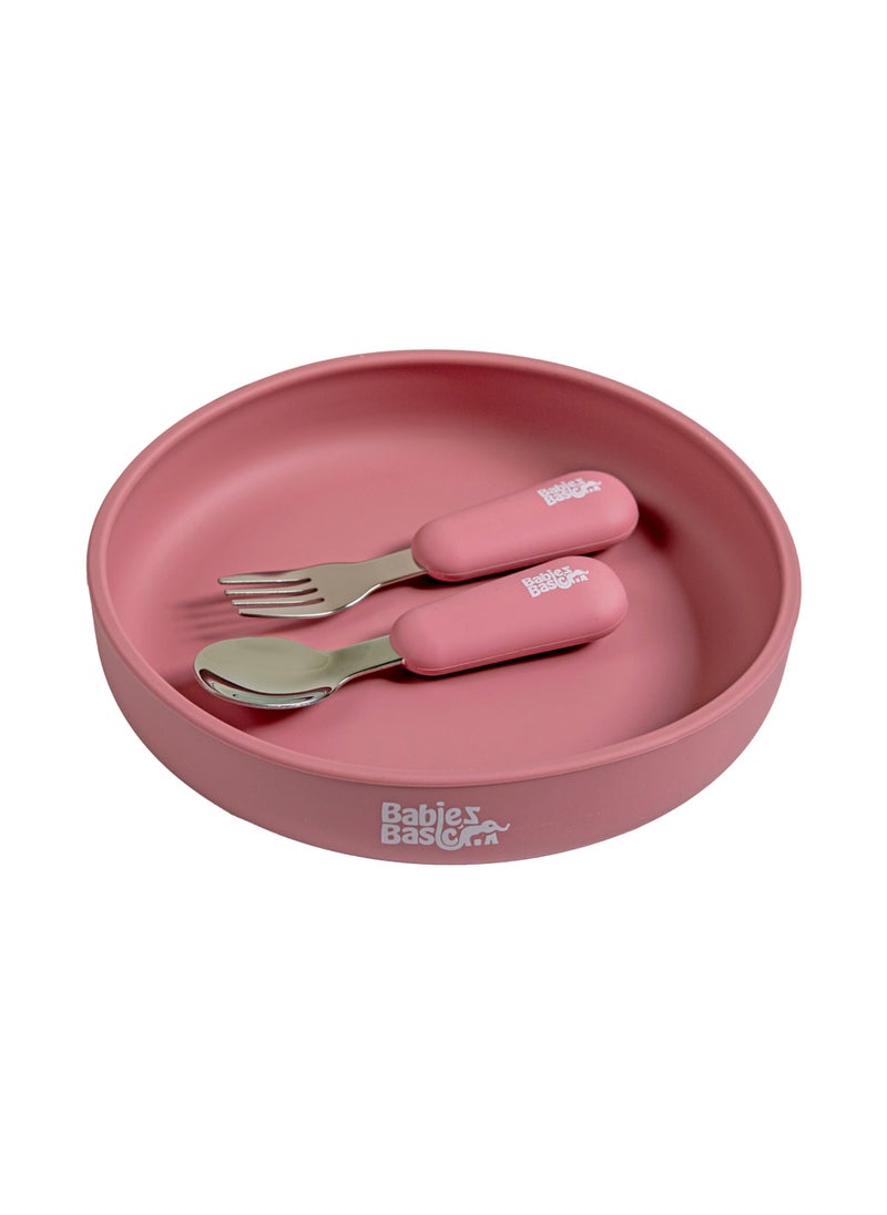 Babies Basic Silicone Feeding Set with Silicone Suction Plate, Spoon and Fork  - Pink