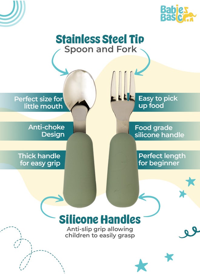Babies Basic Silicone Feeding Set with Silicone Suction Plate, Spoon and Fork  - Green