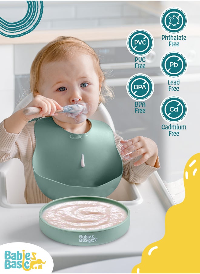 Babies Basic Silicone Feeding Set with Silicone Suction Plate, Spoon and Fork  - Green