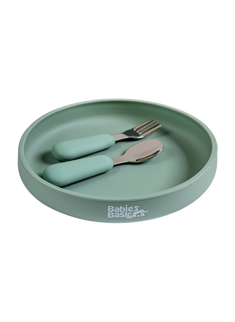 Babies Basic Silicone Feeding Set with Silicone Suction Plate, Spoon and Fork  - Green