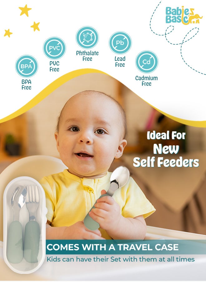 Babies Basic Silicone Feeding Set with Silicone Suction Plate, Spoon and Fork  - Green