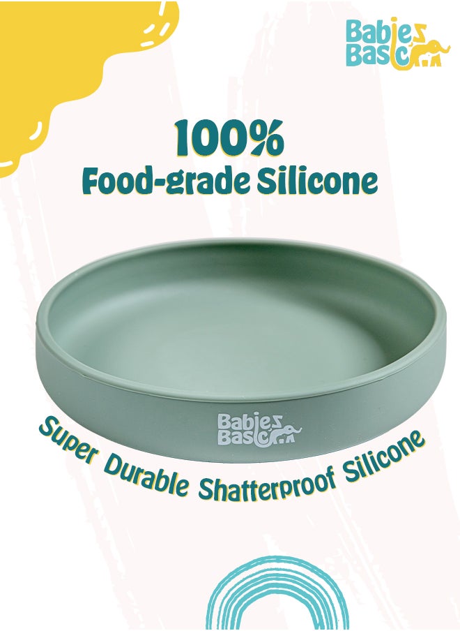 Babies Basic Silicone Feeding Set with Silicone Suction Plate, Spoon and Fork  - Green