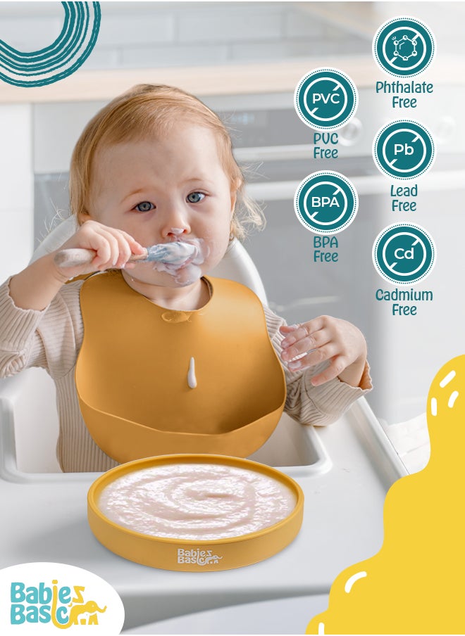 Babies Basic Silicone Feeding Set with Silicone Suction Plate, Spoon and Fork  - Yellow