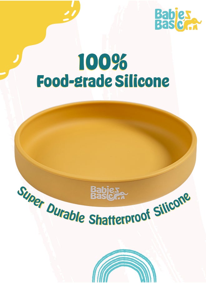 Babies Basic Silicone Feeding Set with Silicone Suction Plate, Spoon and Fork  - Yellow