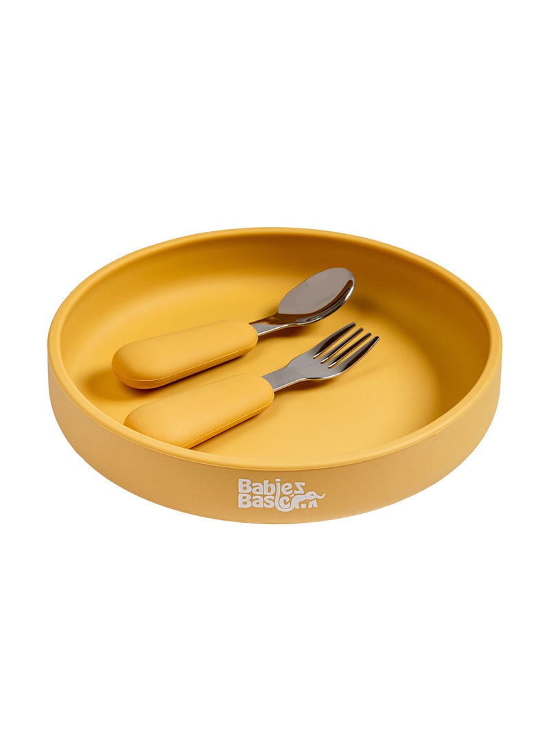 Babies Basic Silicone Feeding Set with Silicone Suction Plate, Spoon and Fork  - Yellow
