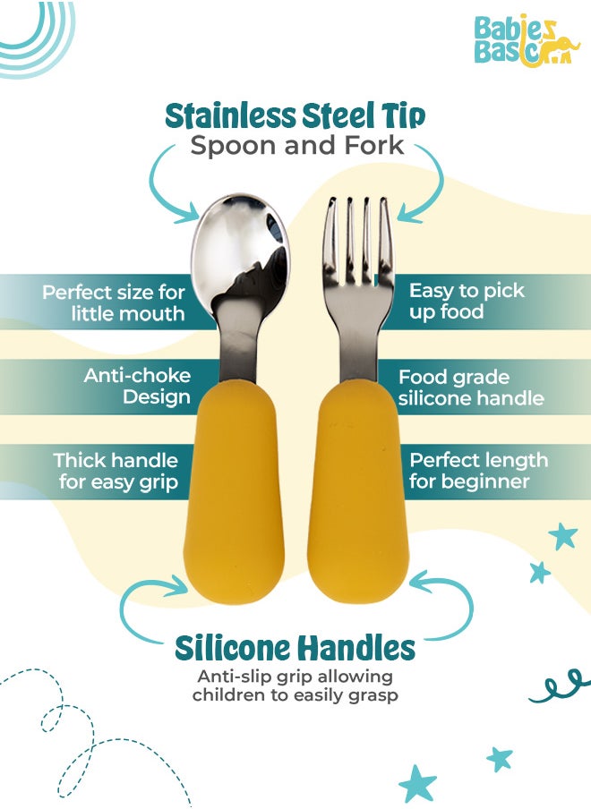 Babies Basic Silicone Feeding Set with Silicone Suction Plate, Spoon and Fork  - Yellow